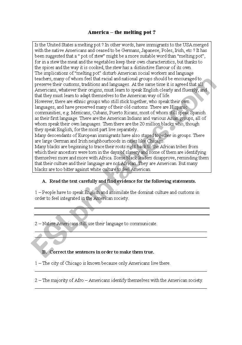 America - Melting Pot worksheet