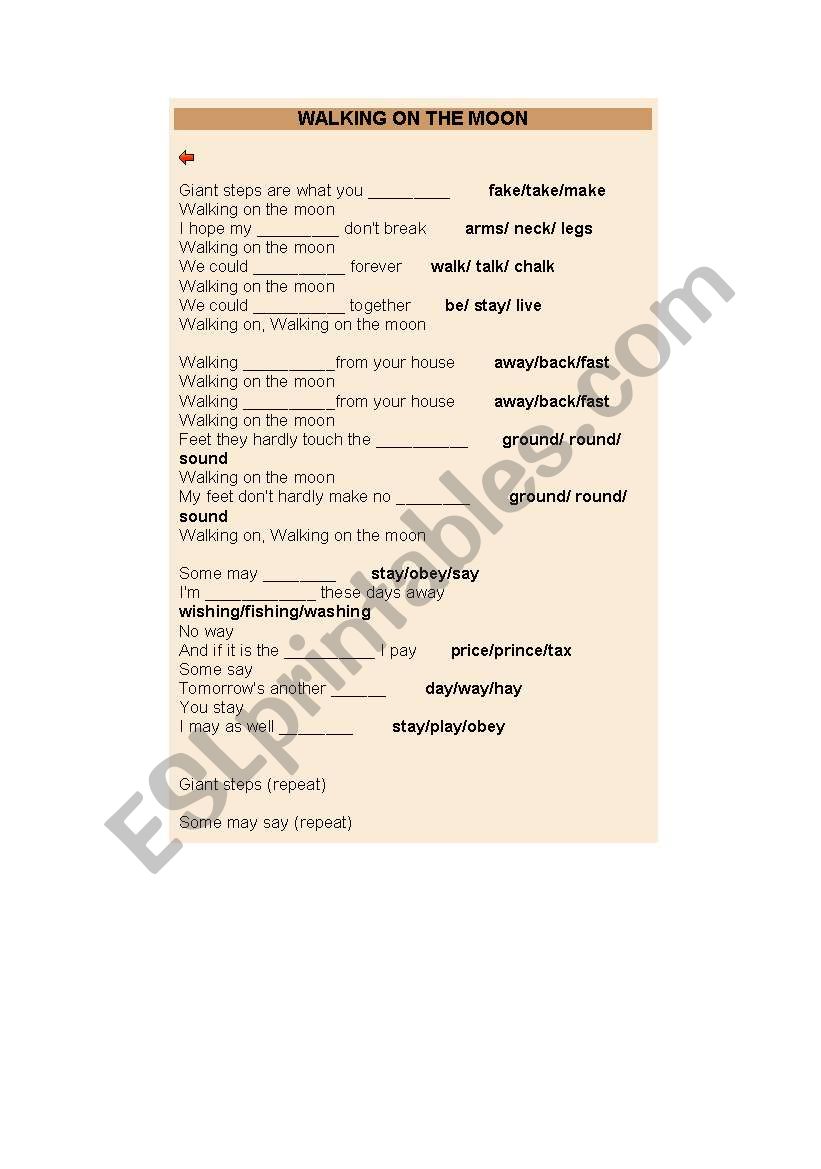 WALKING ON THE MOON worksheet