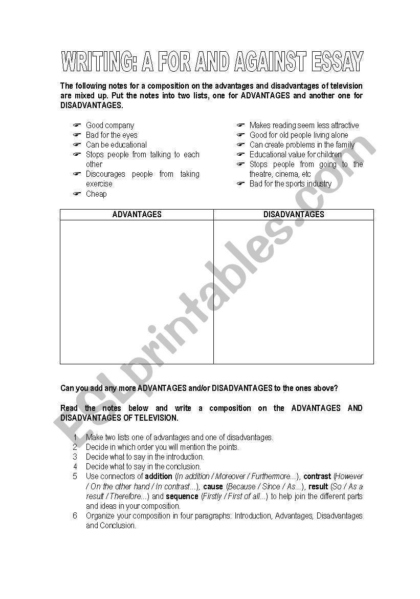 A FOR AND AGAINST ESSAY worksheet