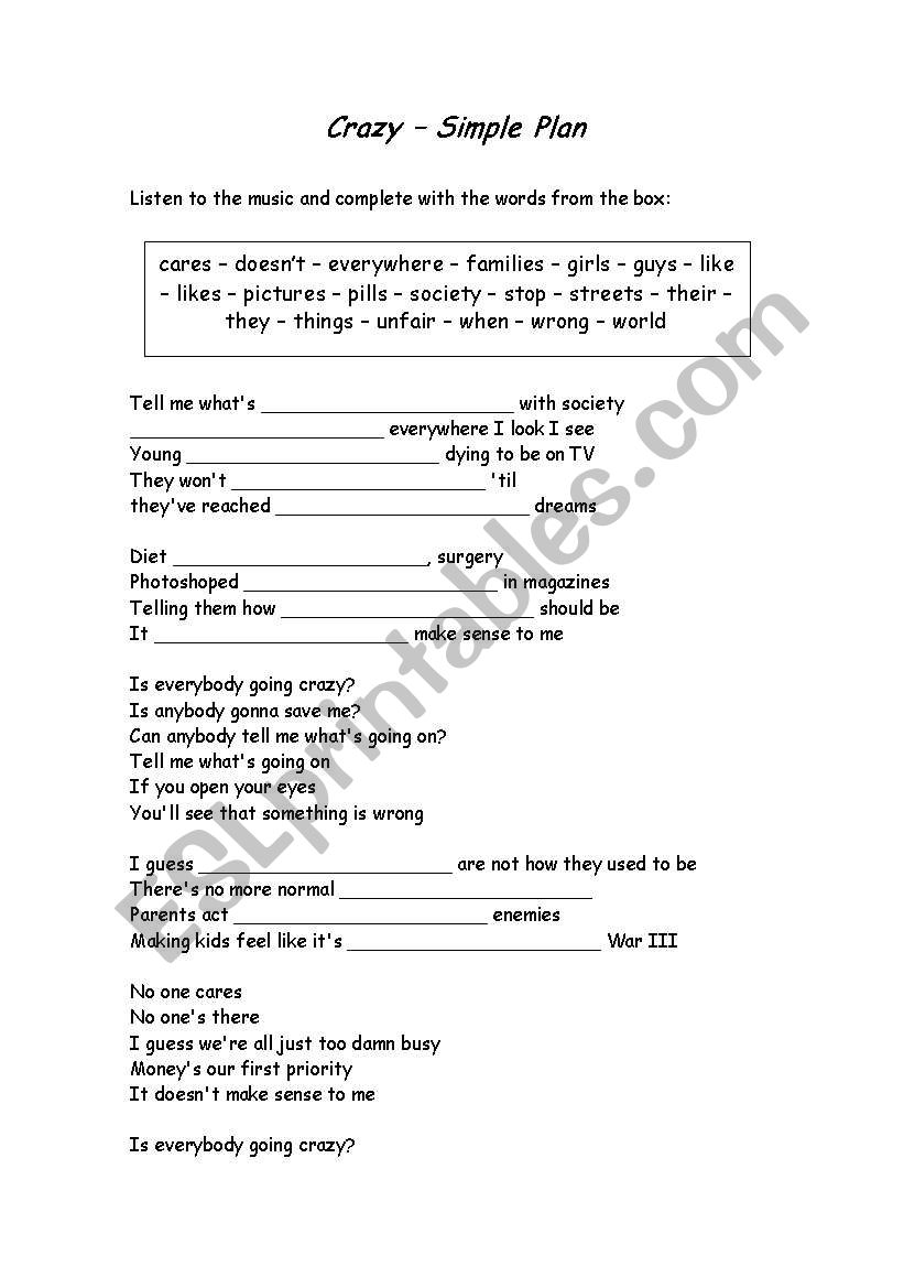 Crazy - Simple Plan worksheet