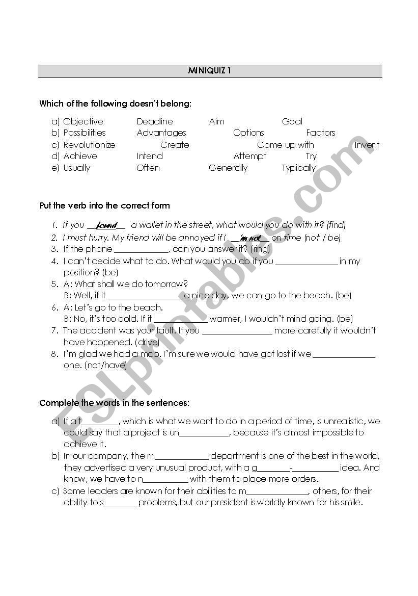 Miniquiz worksheet
