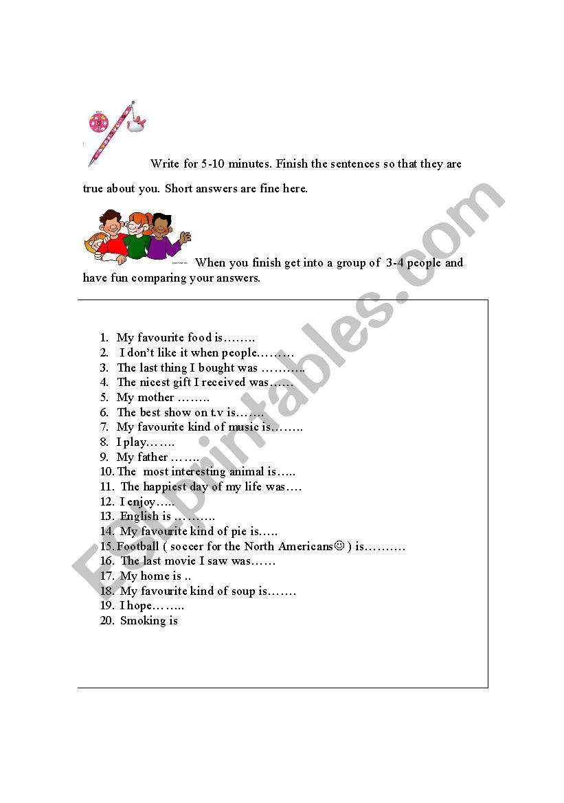 Finish the Sentence worksheet