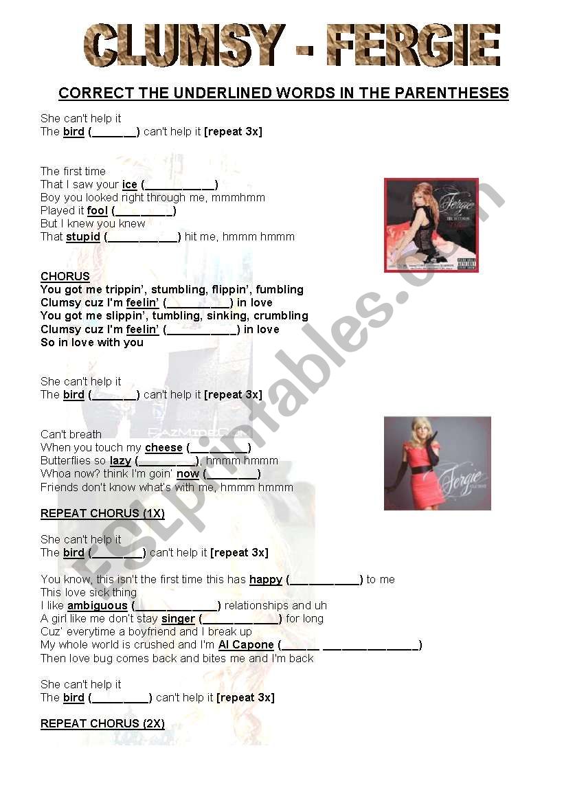 CLUMSY - FERGIE - CORRECTION worksheet