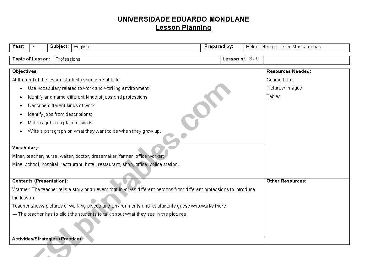 professions worksheet