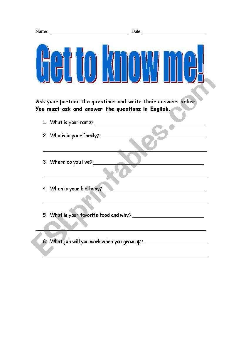 ESL Get to know me exercise worksheet