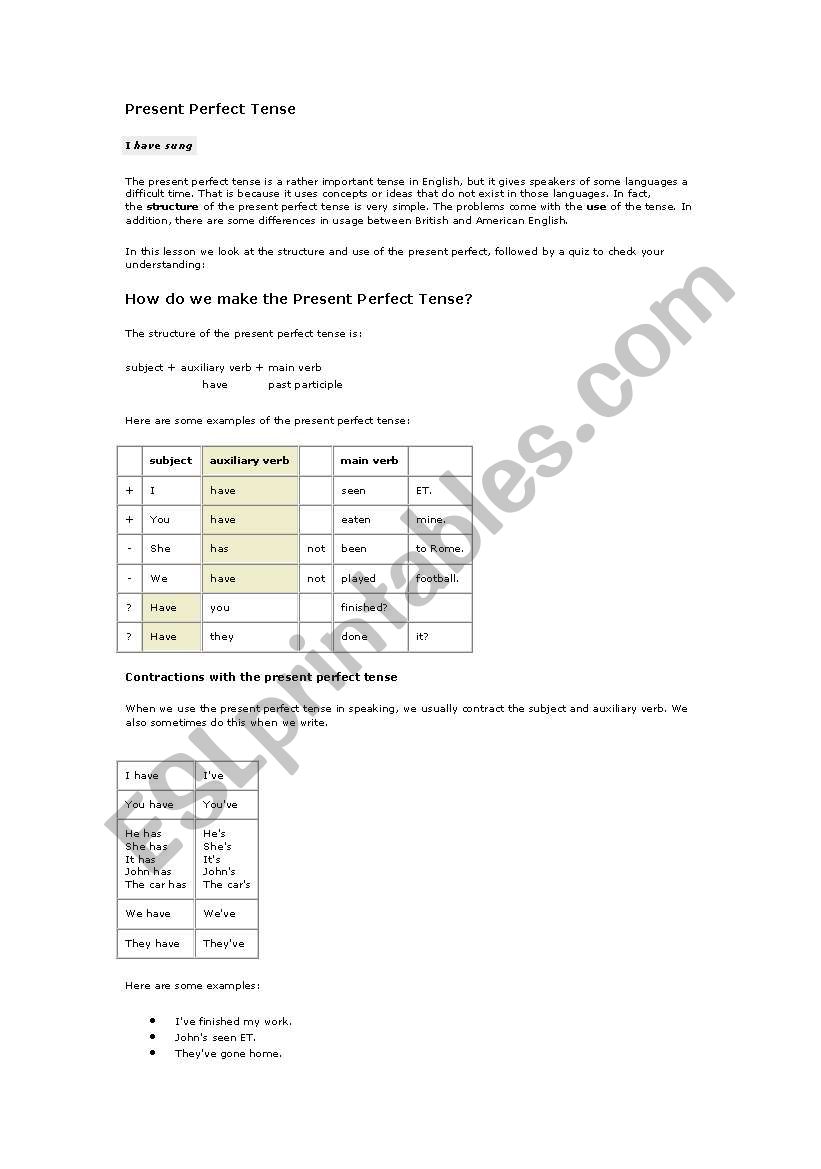 Present Perfect Tense  worksheet