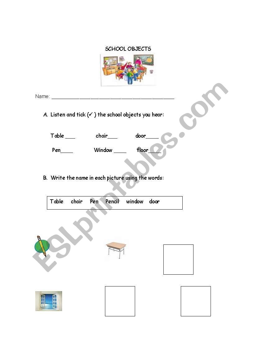 school objects worksheet