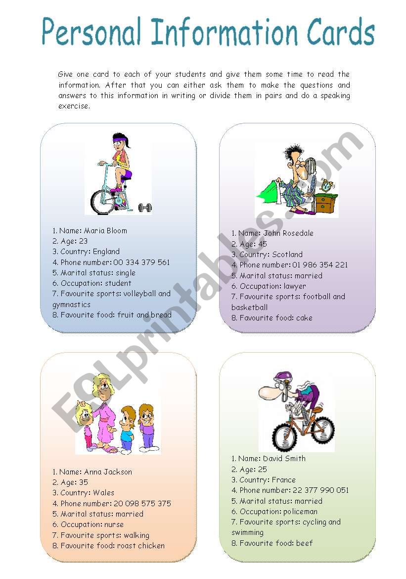 Personal information cards worksheet