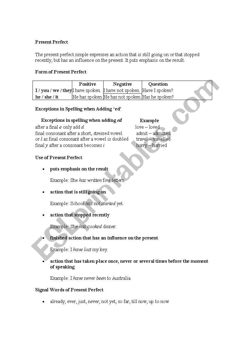 present perfect worksheet