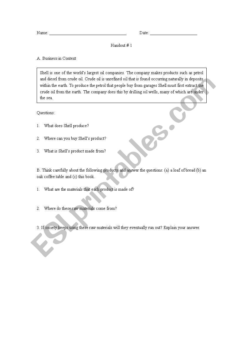 Factors of Production worksheet