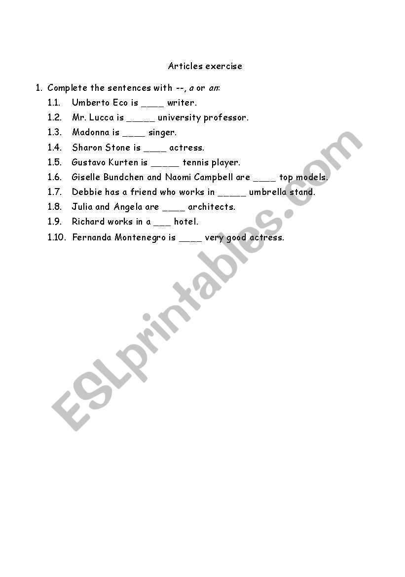 Indefinite articles exercises worksheet