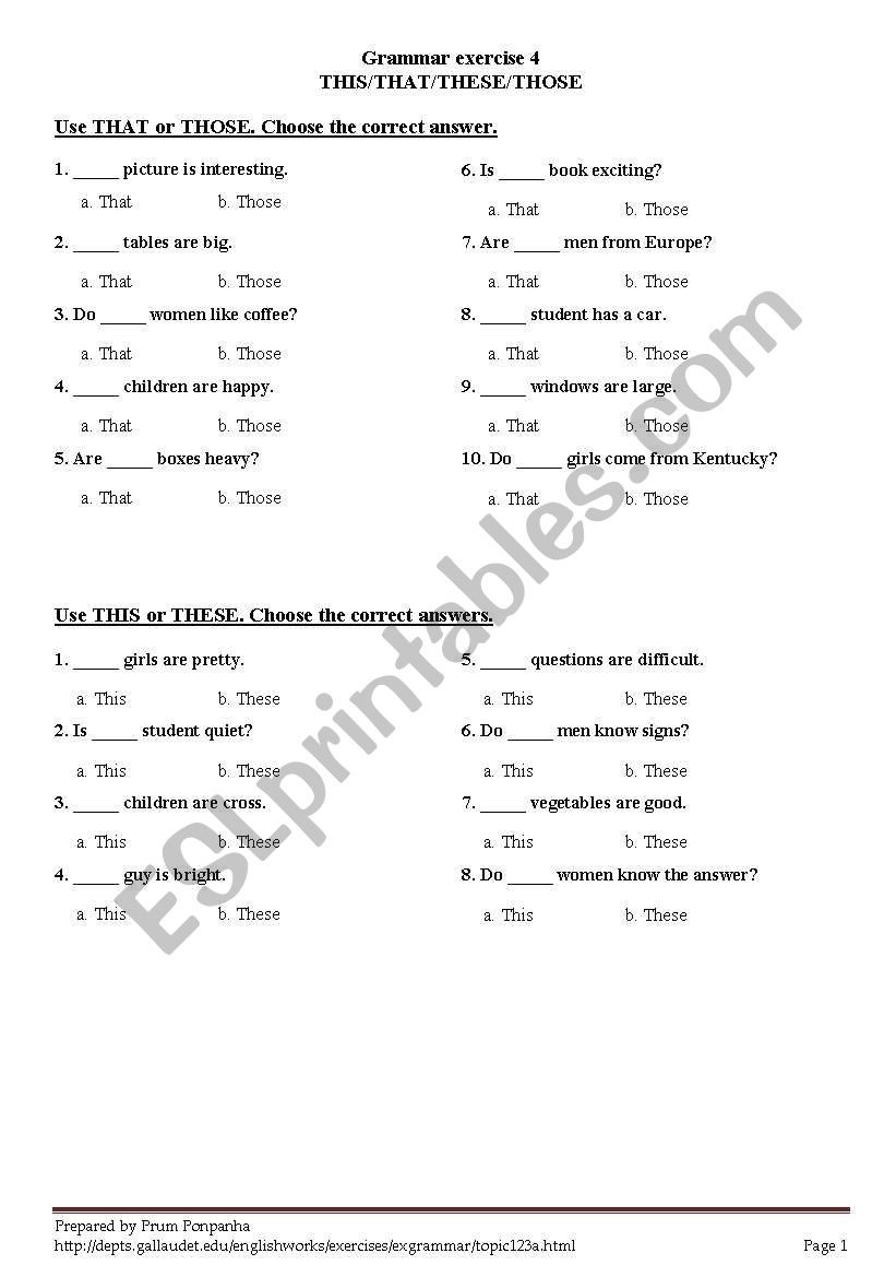 Demonstratives worksheet