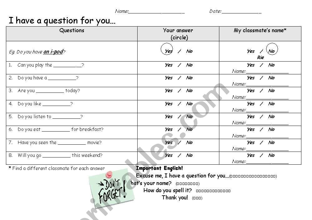 I have a question for you... worksheet