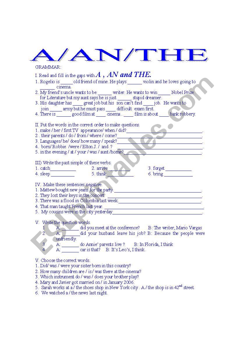 Articles and past tense worksheet