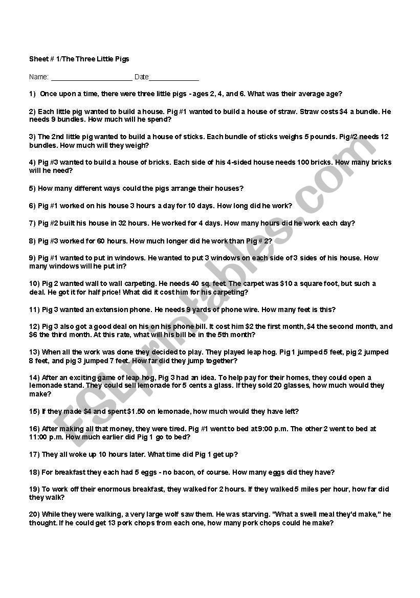 Three little pigs worksheet