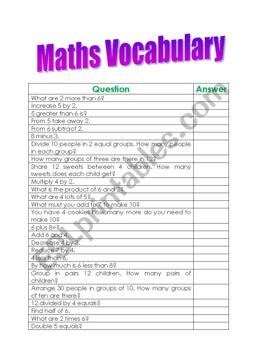 Maths Vocab worksheet