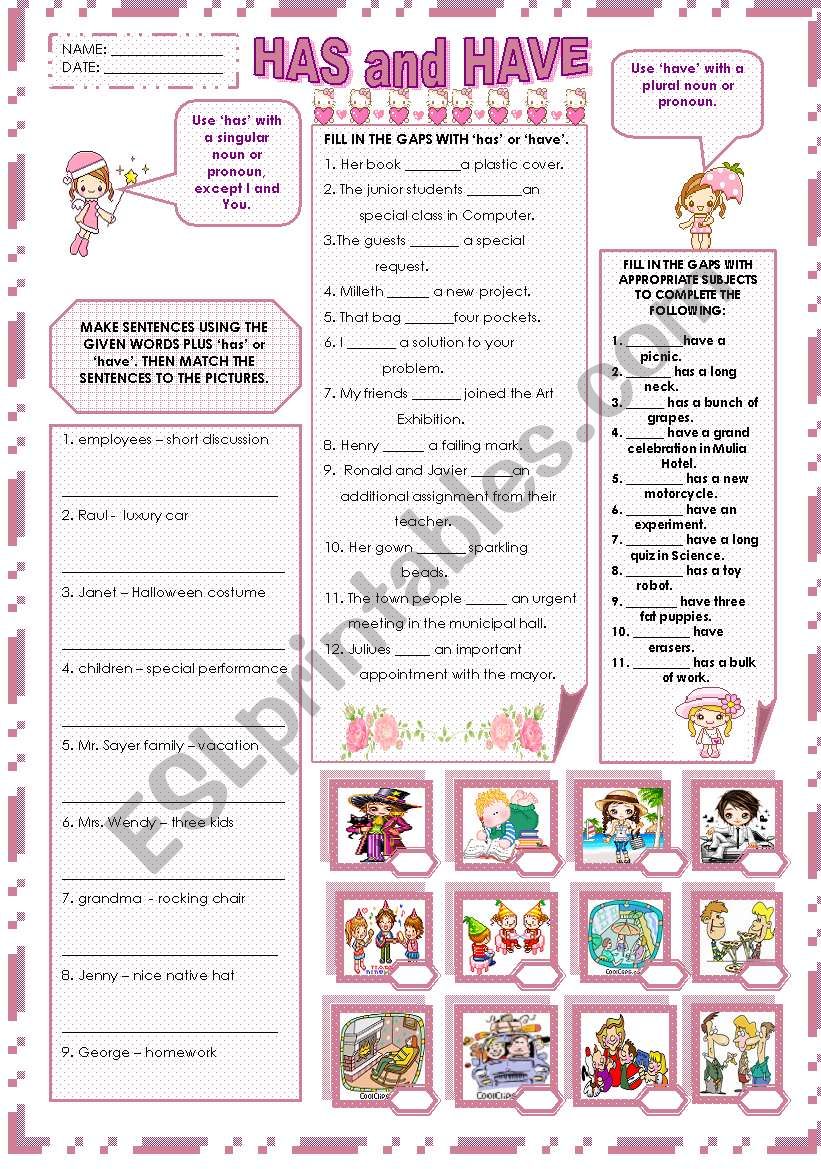 USAGE OF HAS AND HAVE worksheet