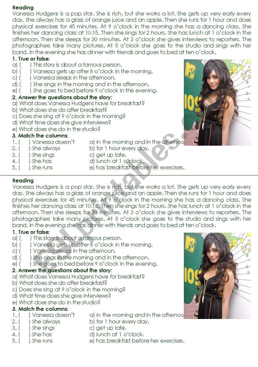 One day with Vanessa Hudgens worksheet