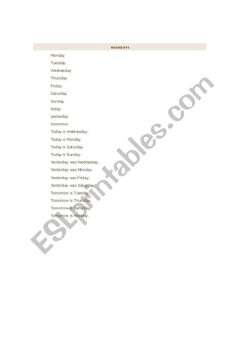week days worksheet