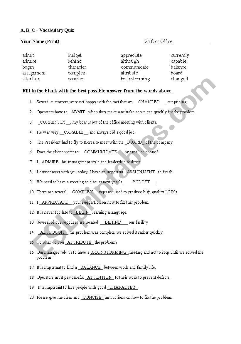 A, B, C - VOCABULARY QUIZ - ANSWER KEY