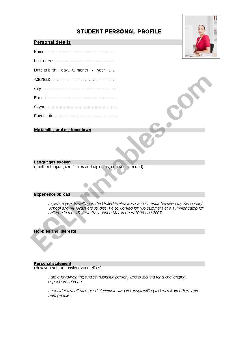 Students personal profile worksheet