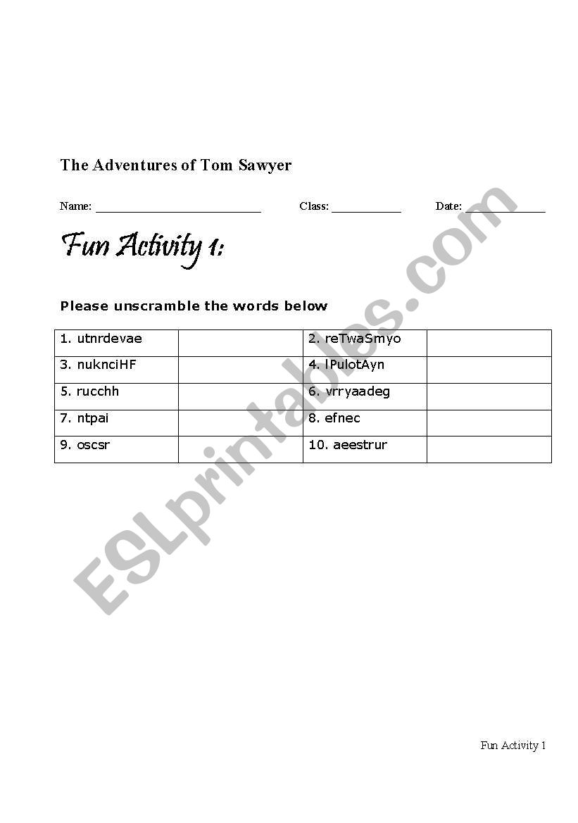 The Adventure of Tom Sawyer Fun Activity