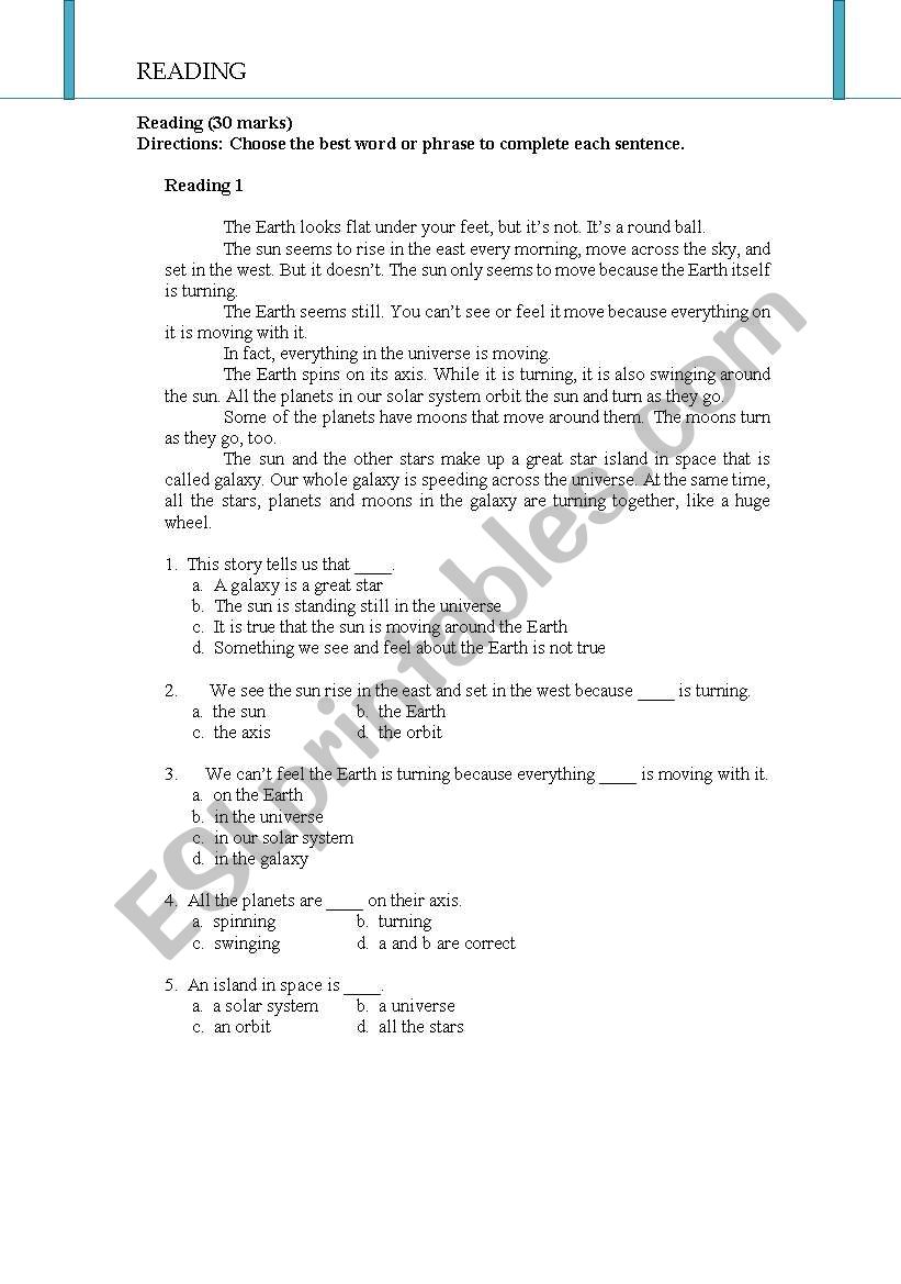 Reading worksheet