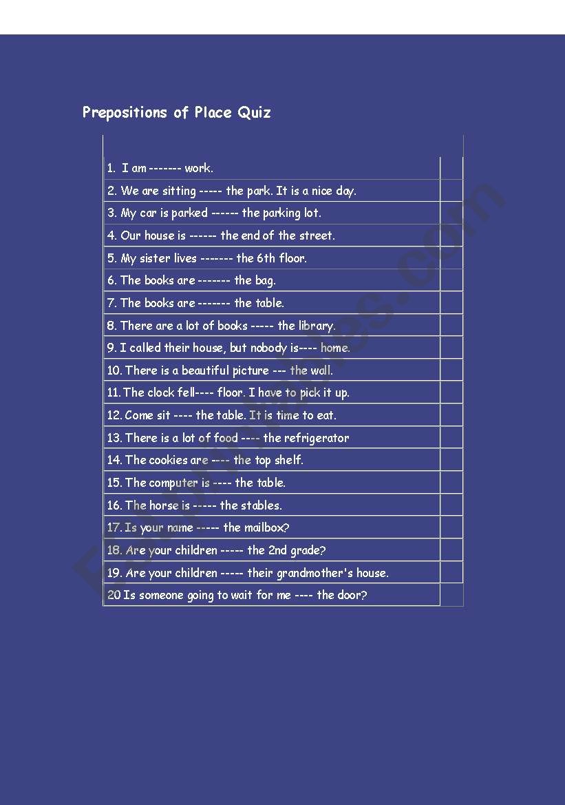 PREPOSITION OF PLACE QUZ worksheet