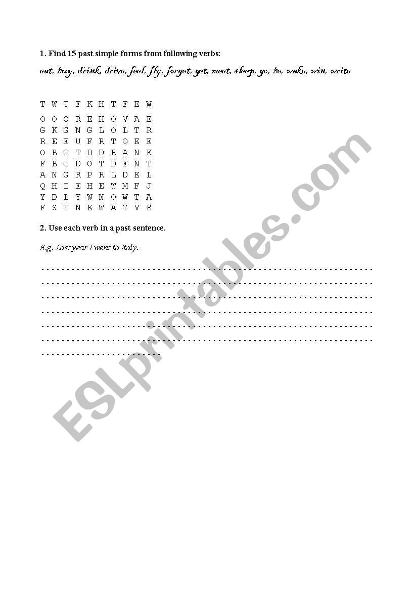 Word search Past Simple worksheet