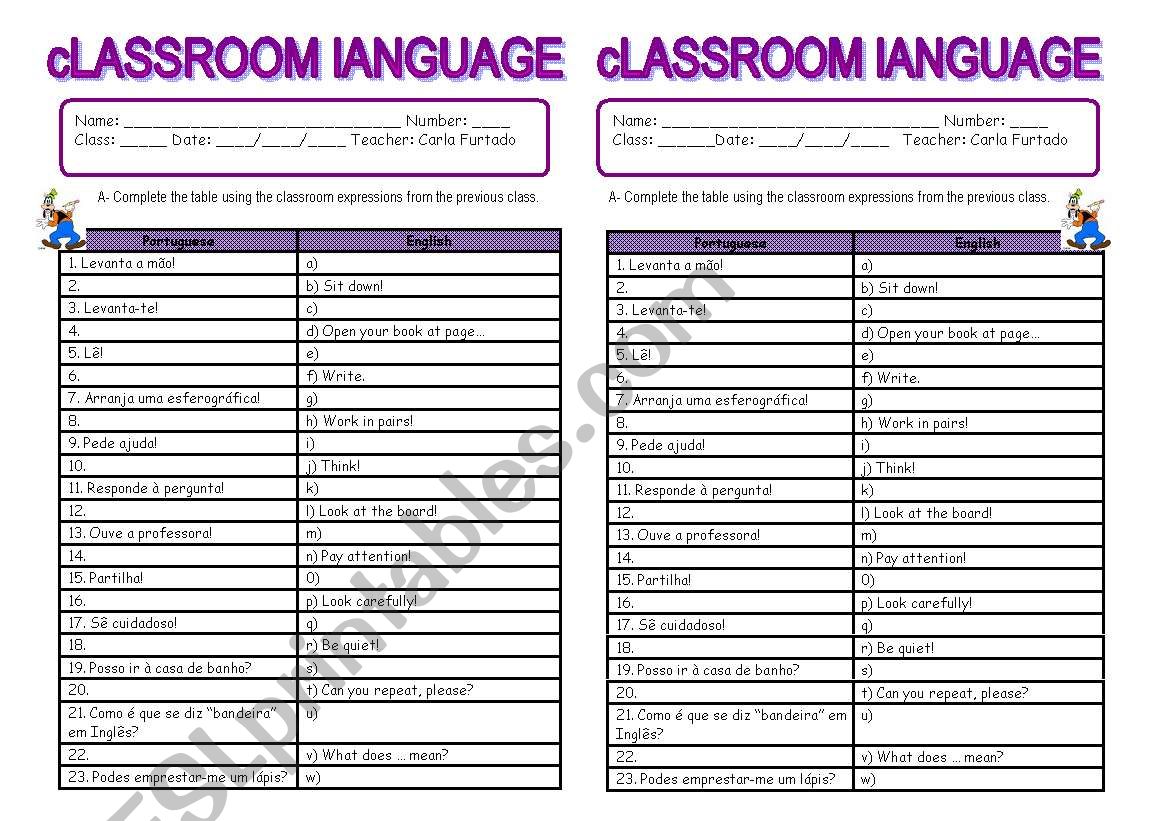 Classroom language worksheet