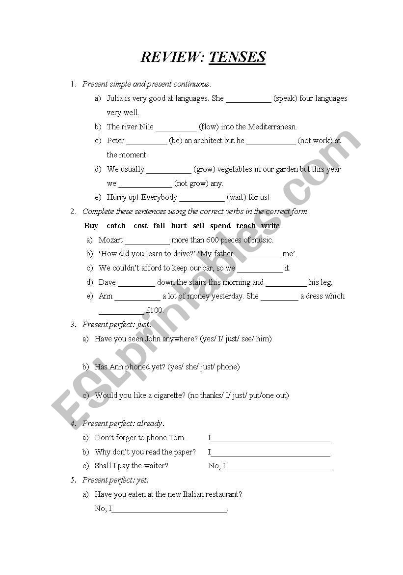 review: tenses worksheet