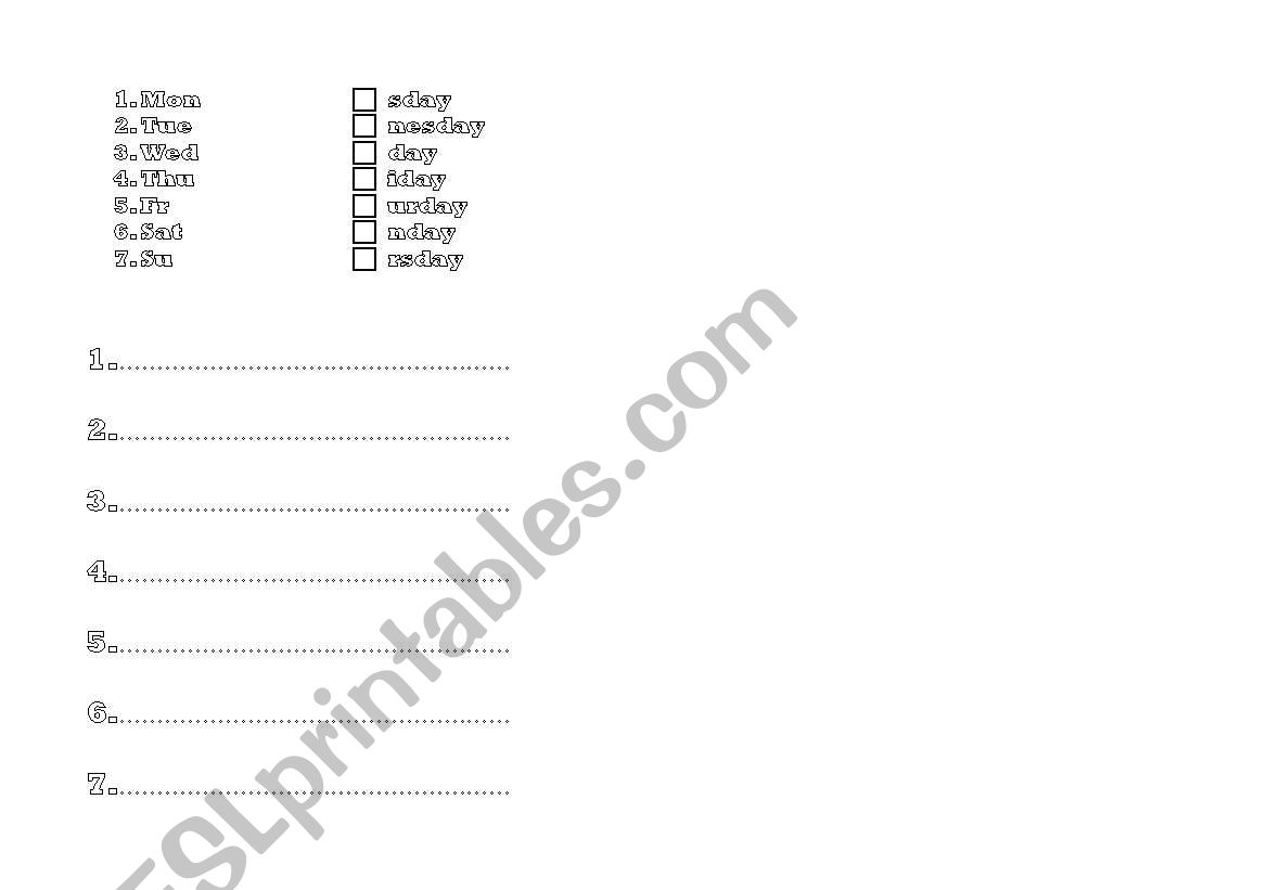 days of the week worksheet