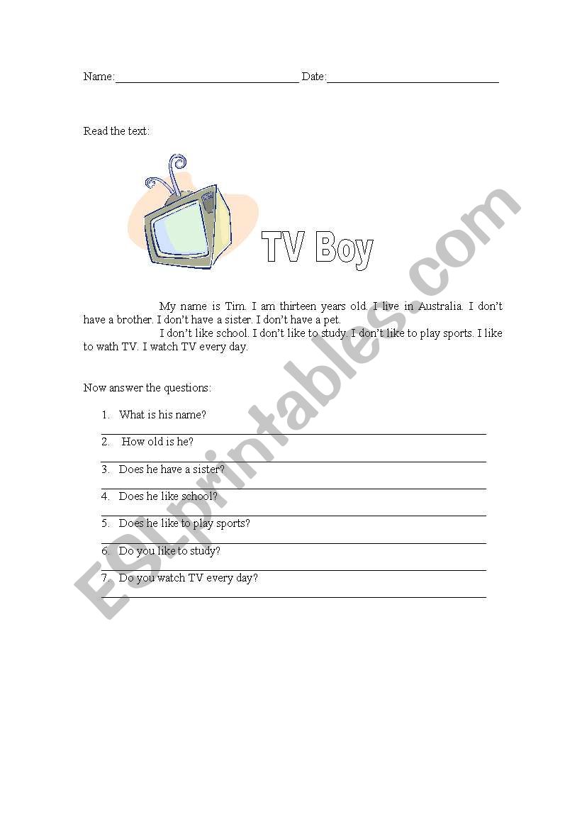 TV Boy worksheet
