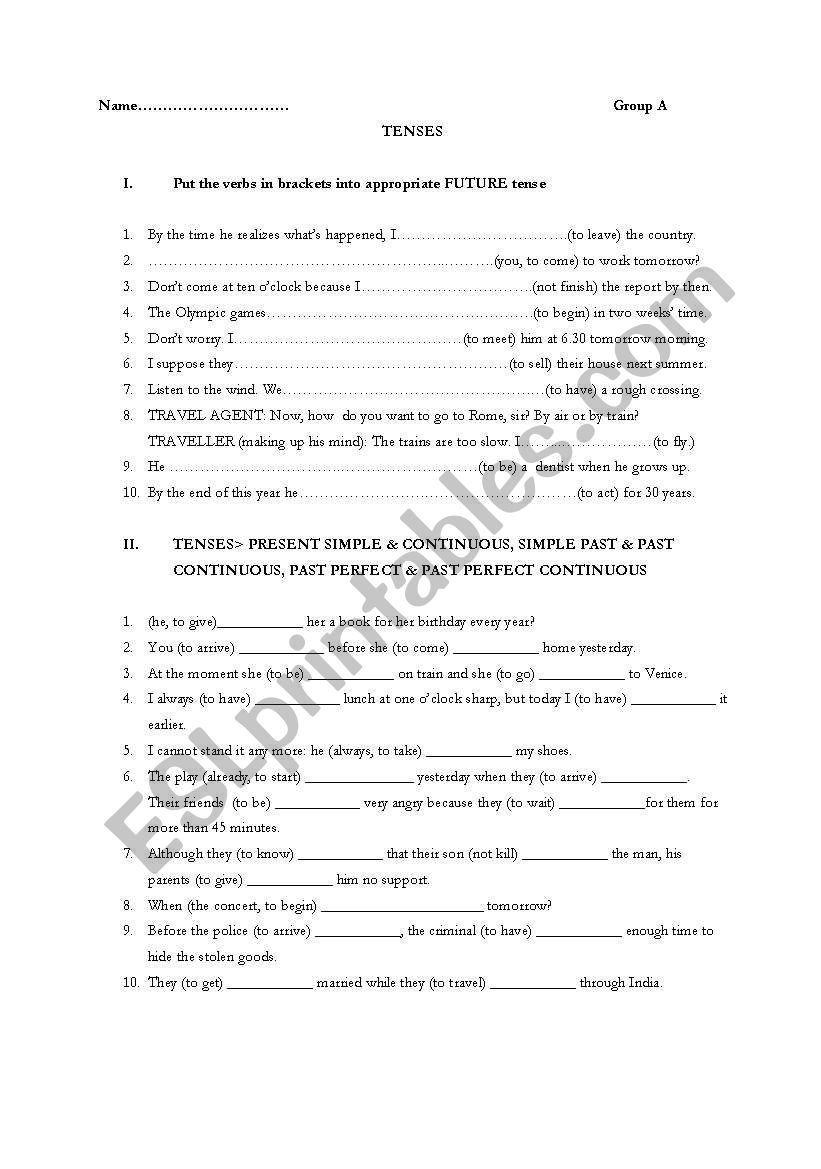 tenses test worksheet