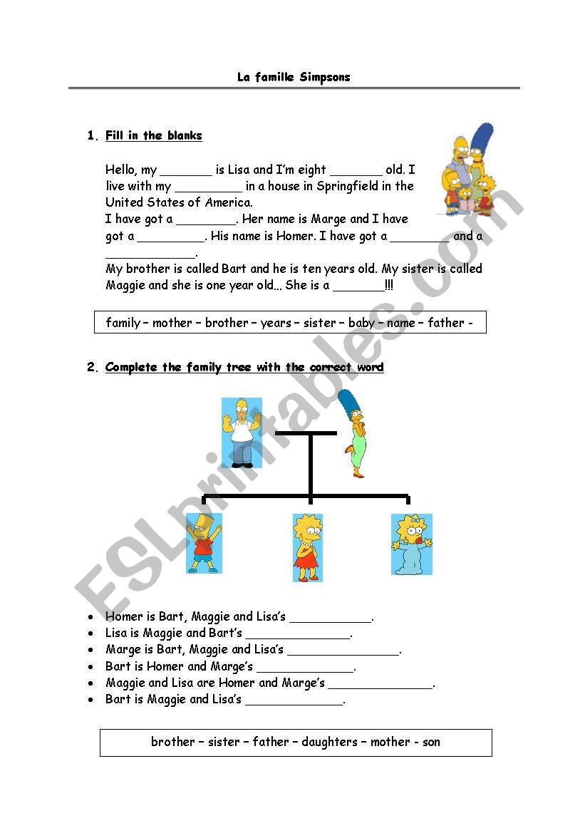 famille simpsons worksheet