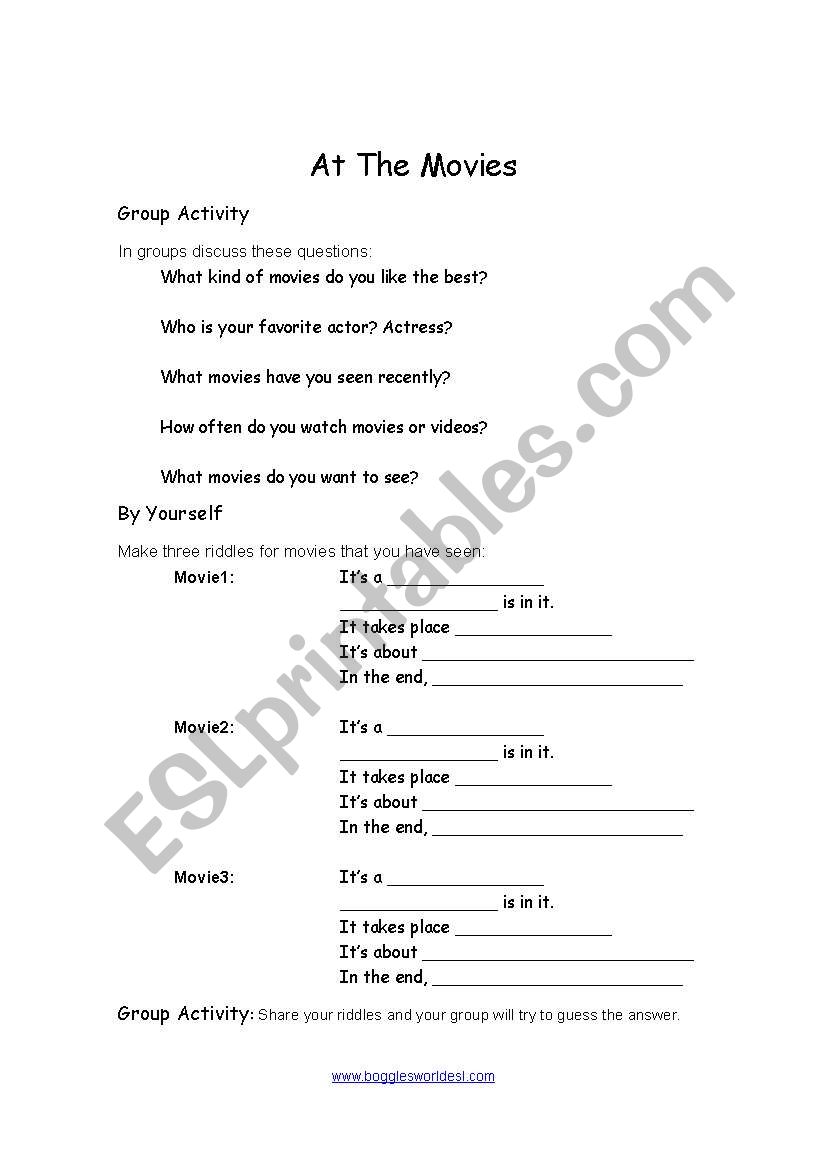 At the movies worksheet
