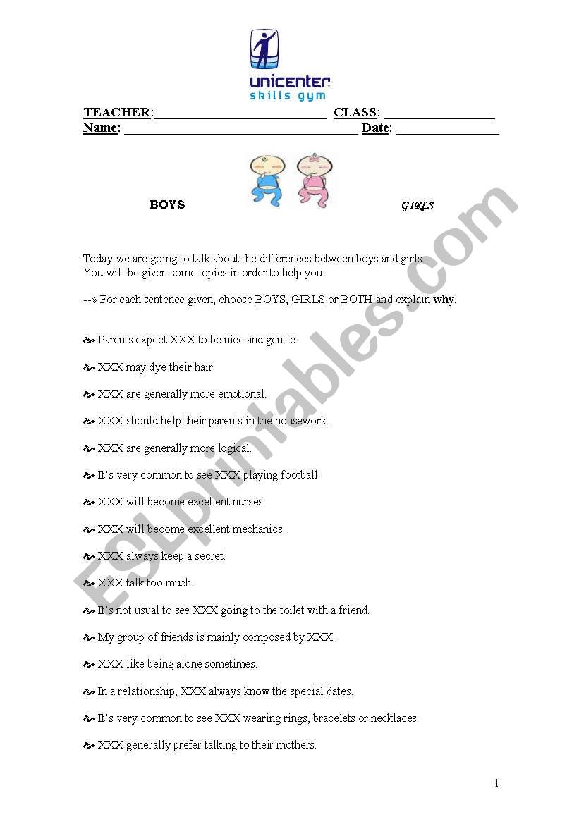 boys vs girls worksheet