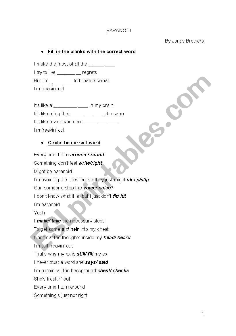 PARANOID SONG WORKSHEET worksheet