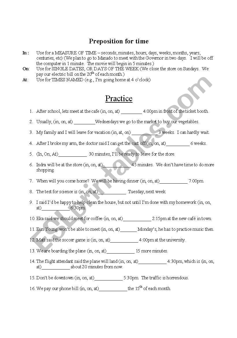 Prepositions of Time - Worksheet