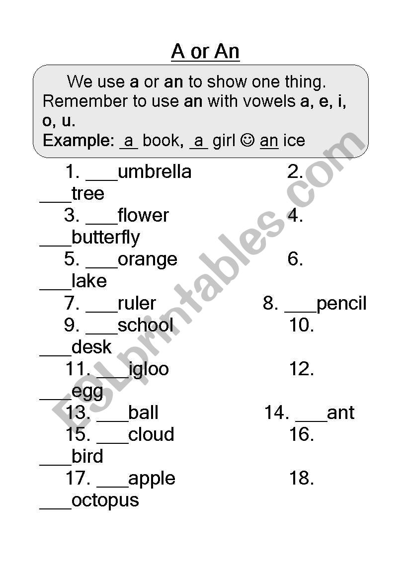 a or an worksheet