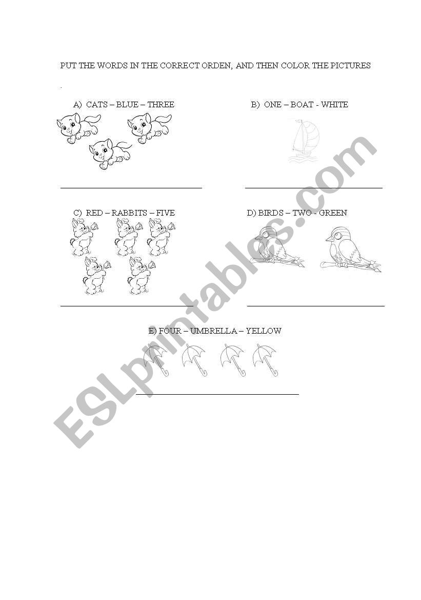 order of numbers colors and nouns