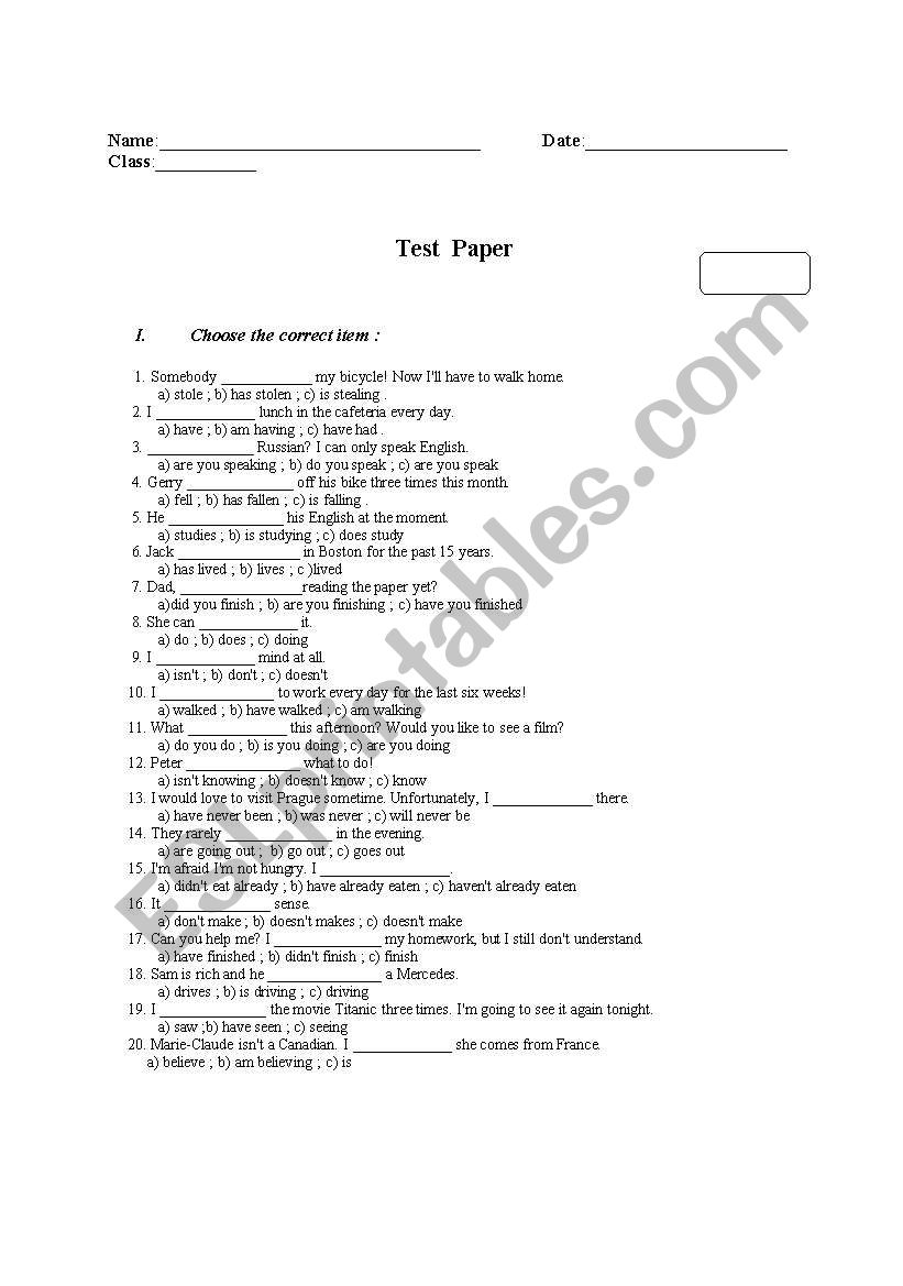 test paper present simple, continuous & present perfect