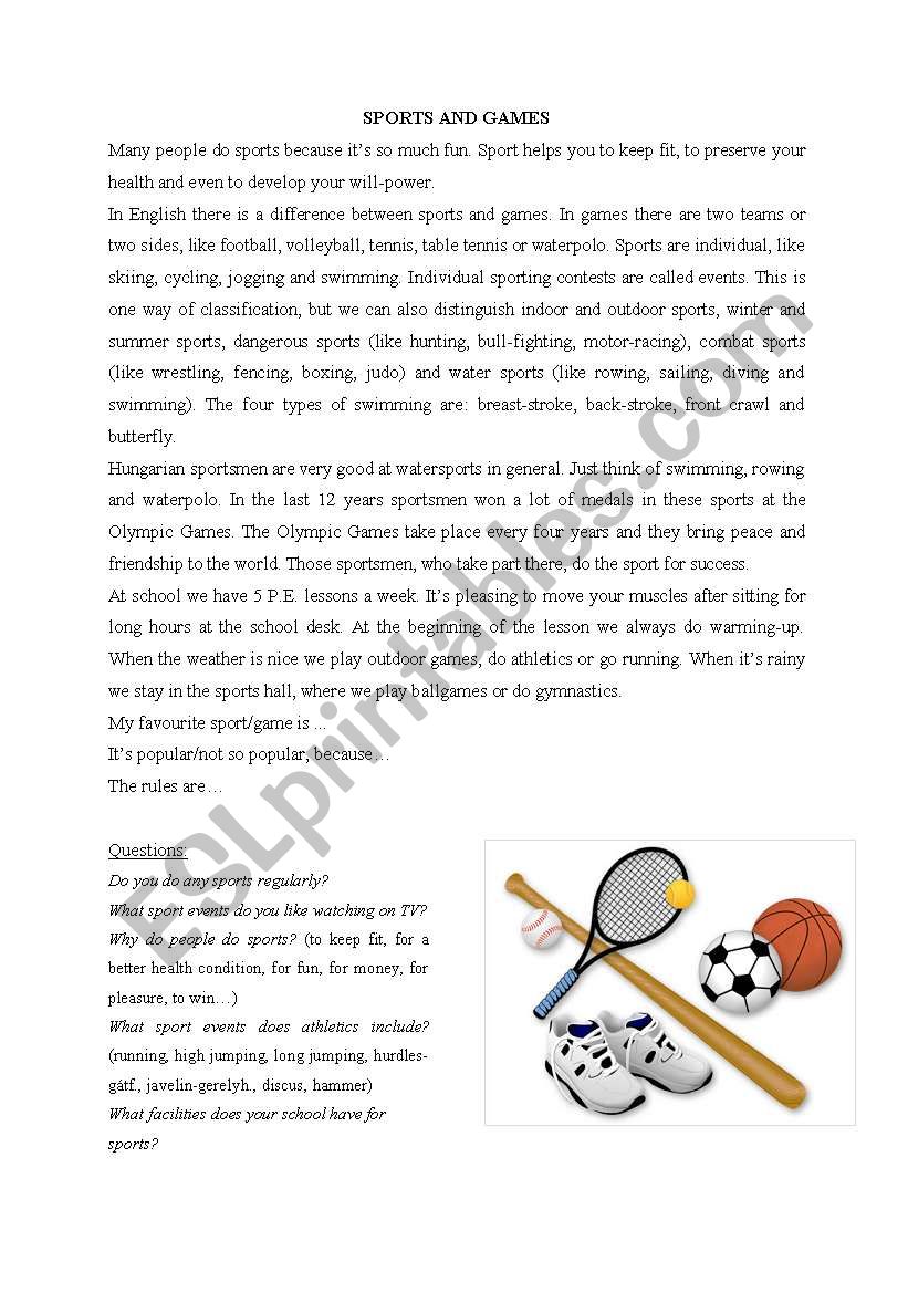 Sports and Games worksheet