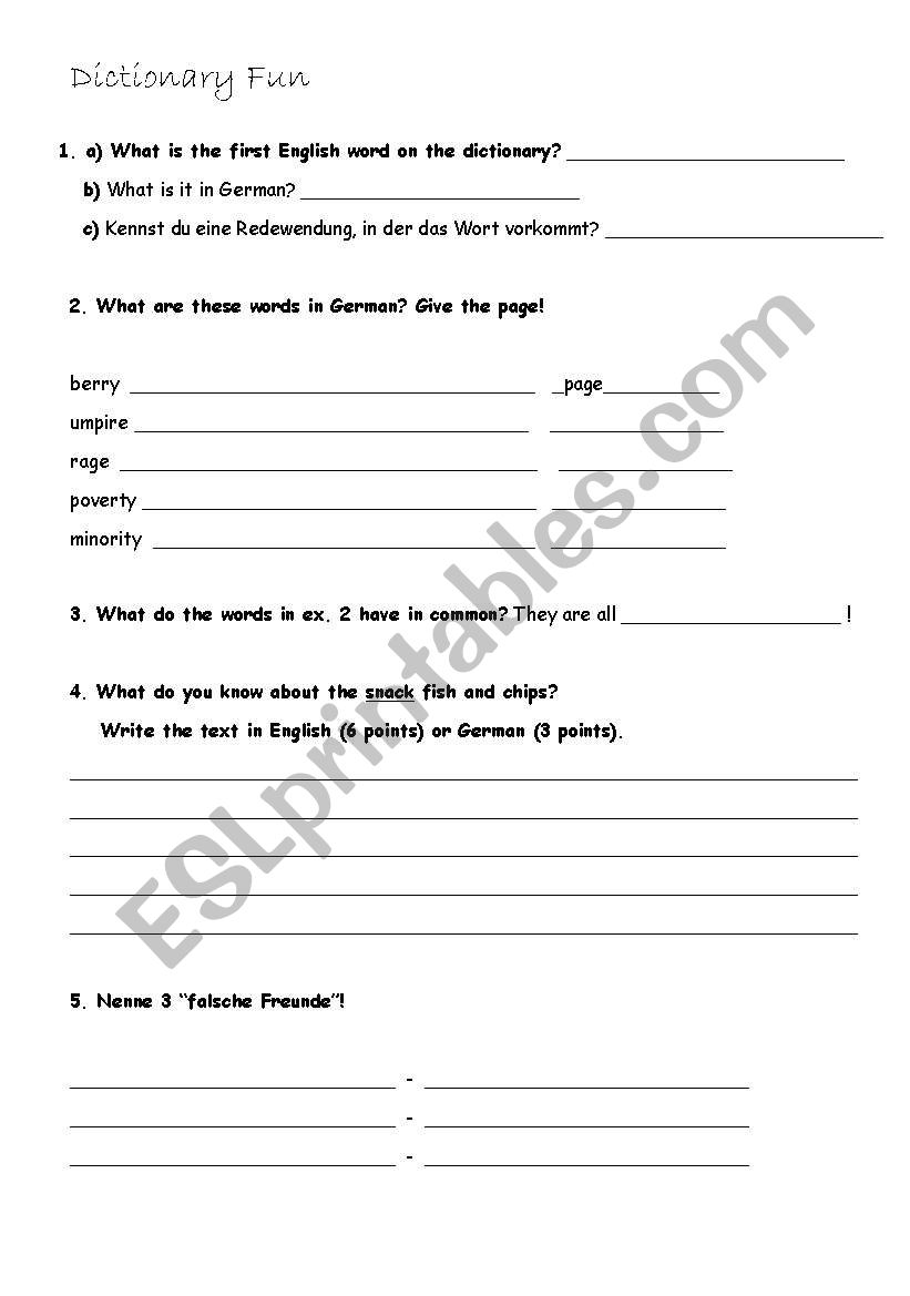 English Worksheets Dictionary Fun