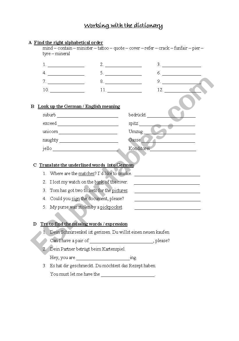 dictionary work worksheet