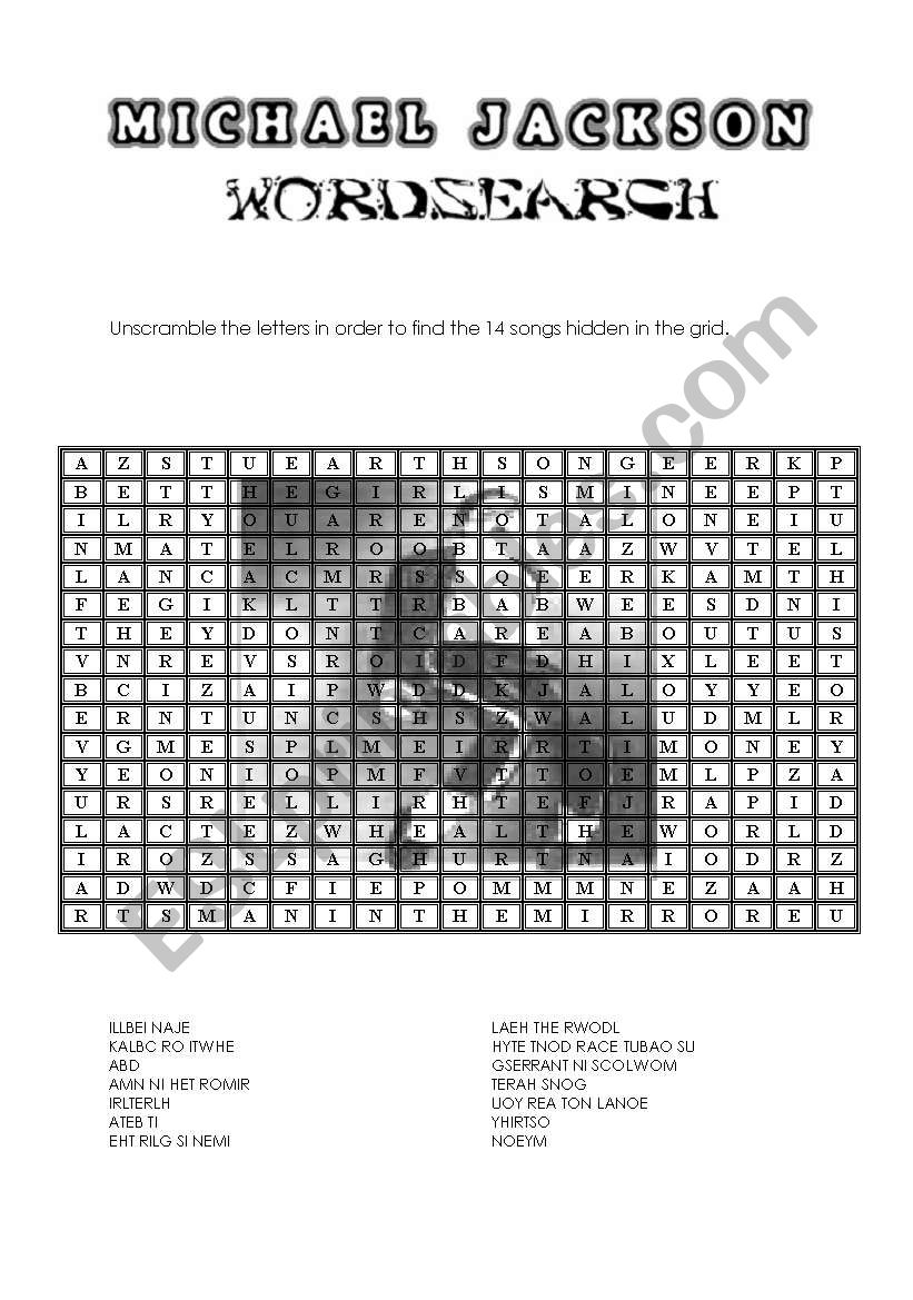 Michael Jackson wordsearch worksheet