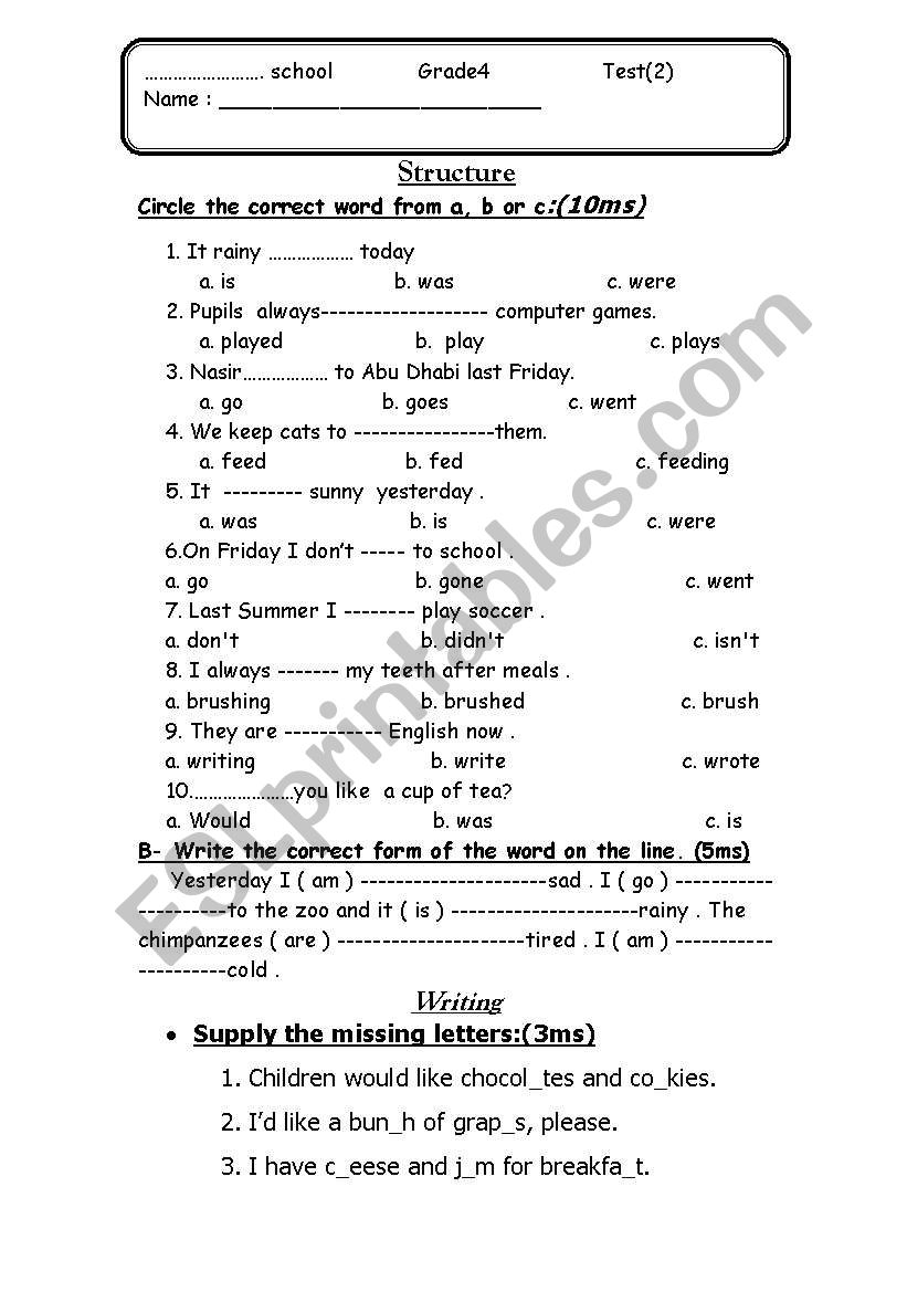 grammar and writing test worksheet