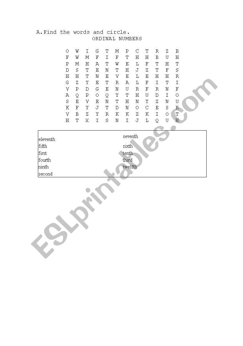 ORDINAL NUMBERS worksheet