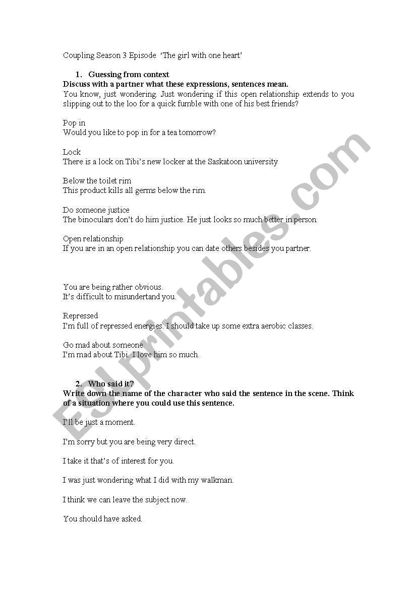 Coupling worksheet worksheet