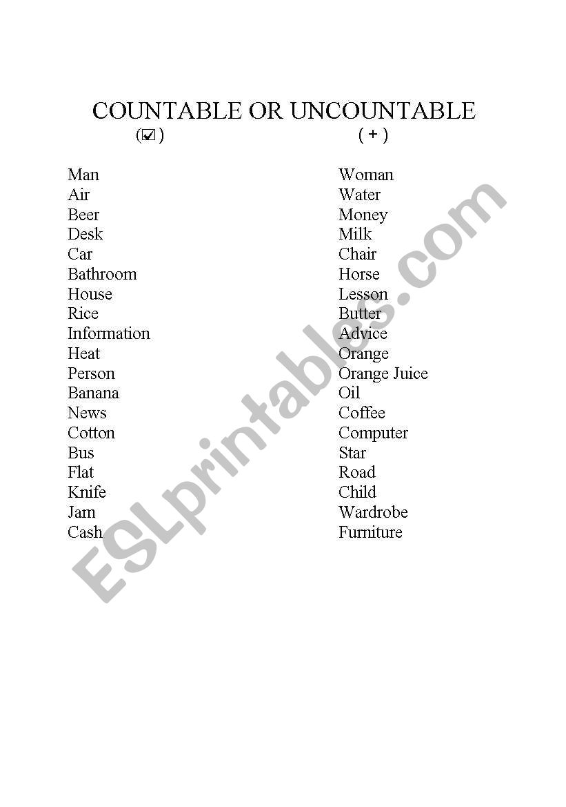 Countable or Uncountable worksheet